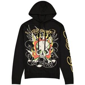 ED HARDY Men's New MEDIUM Pullover Hoodie Black Tattoo Skull Graphic EHM1300-58